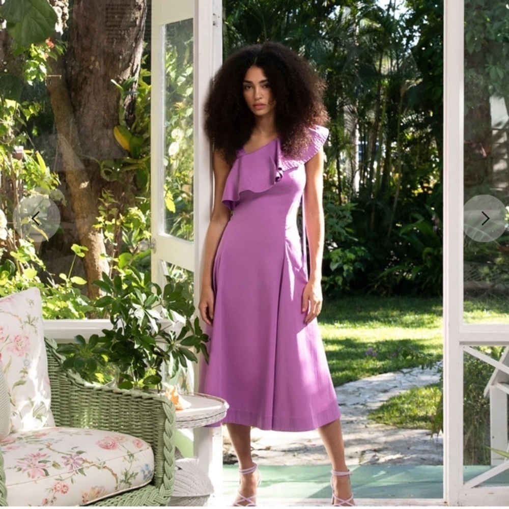 Veronica Beard Ruffle Beilla One-Shoulder Vivid Orchid Midi Dress sz 6